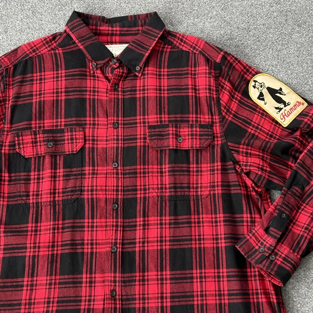 Hamms Beer Flannel Shirt Mens 2XL Red Plaid Angry Minnow VTG‎ Canvas Old Tag - Picture 2 of 12